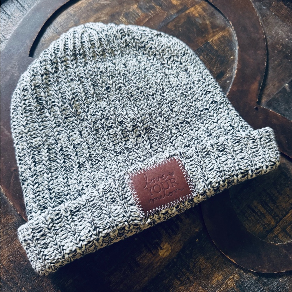 Love Your Melon Gray Knit Beanie with Brown Patch